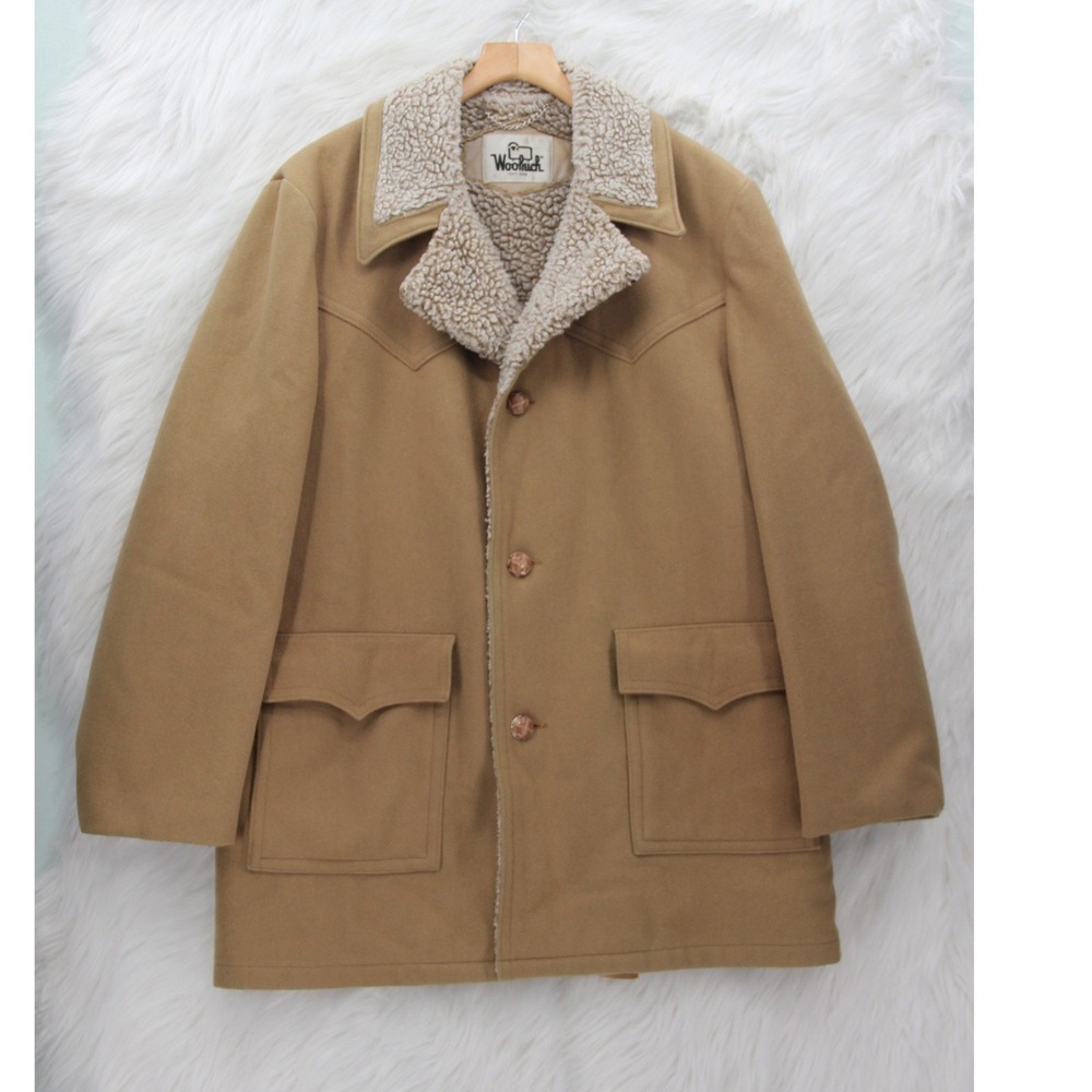 Vintage Woolrich Wool Coat Jacket Men's Size 44 XL Tan Sherpa Lined Western